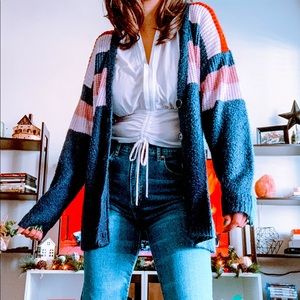 Waffle Pattern/Ribbed Colorblock Cardigan
